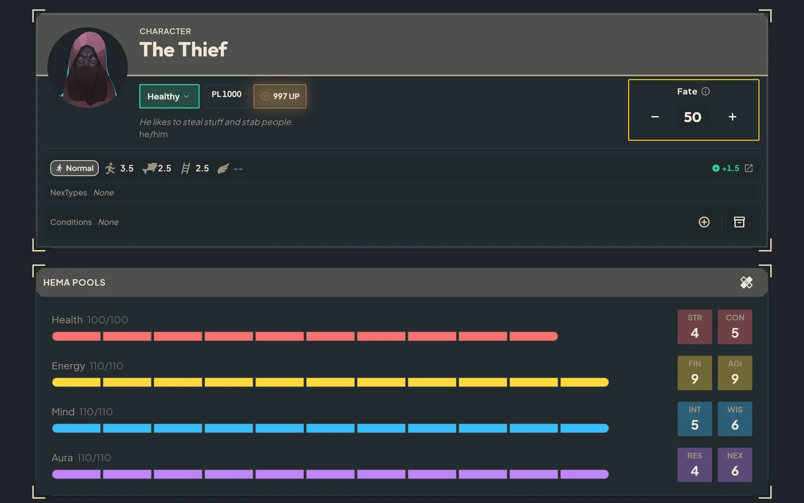 A completed character sheet for The Thief, showing the character portrait, concept, and filled-in stats.