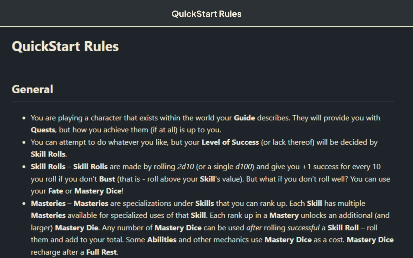 The Age of Aeternus rules reader open on the QuickStart rules, showing the General section.
