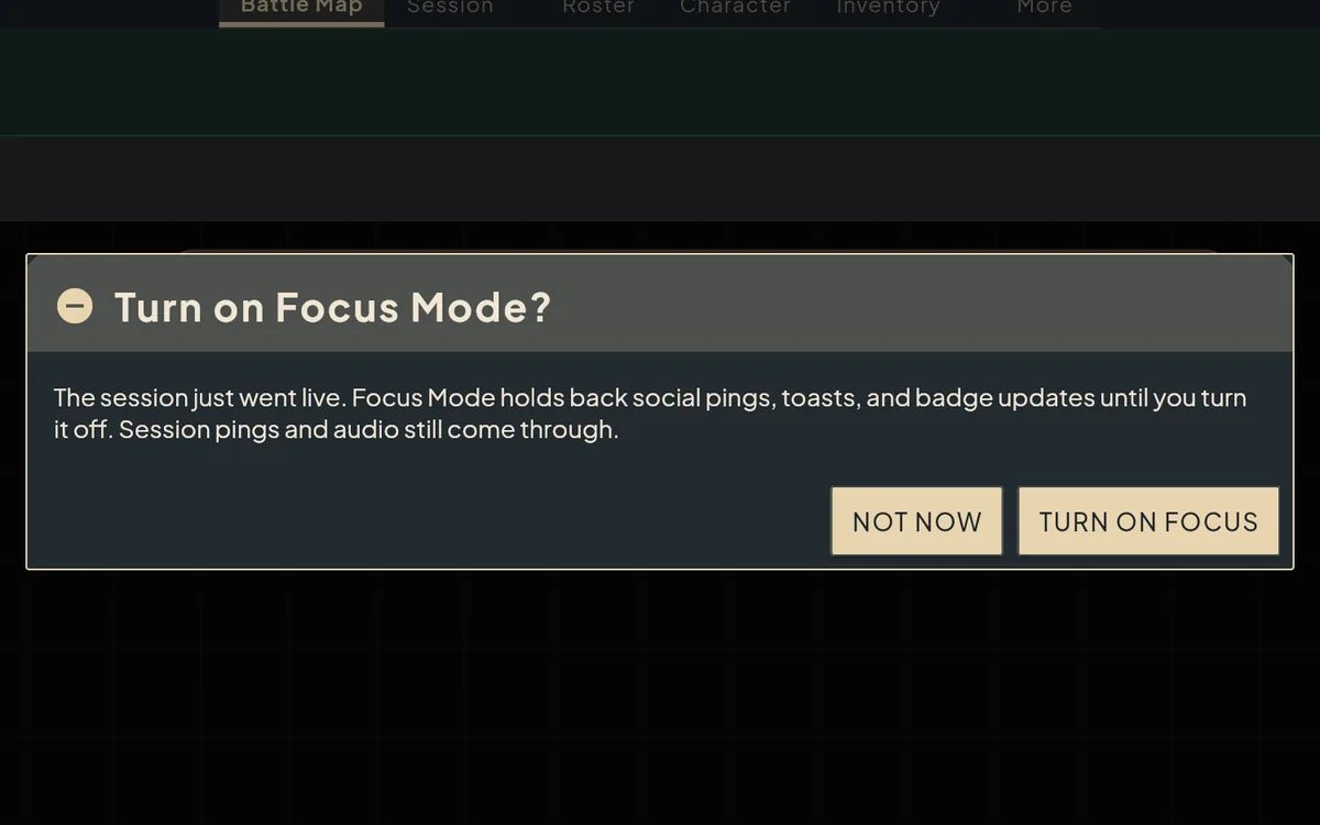 A prompt offering to turn on Focus Mode to hold back notifications during play.