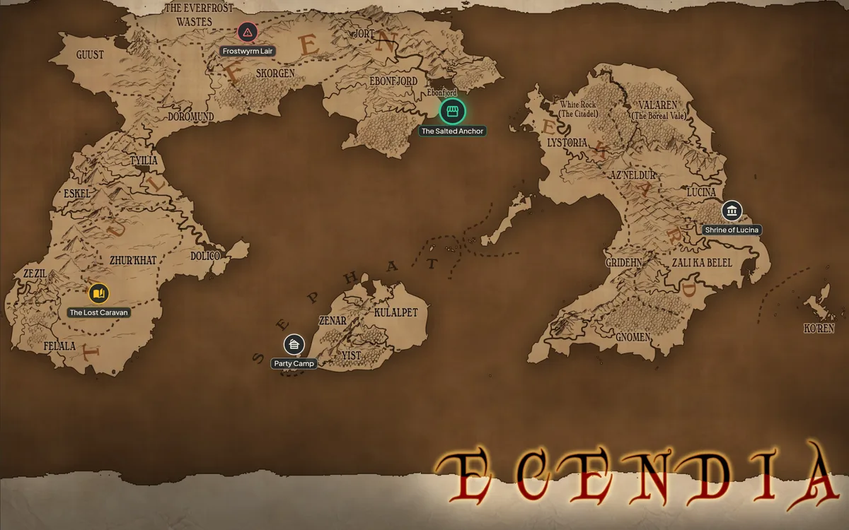 A world map for the party's location with points of interest marked on it.