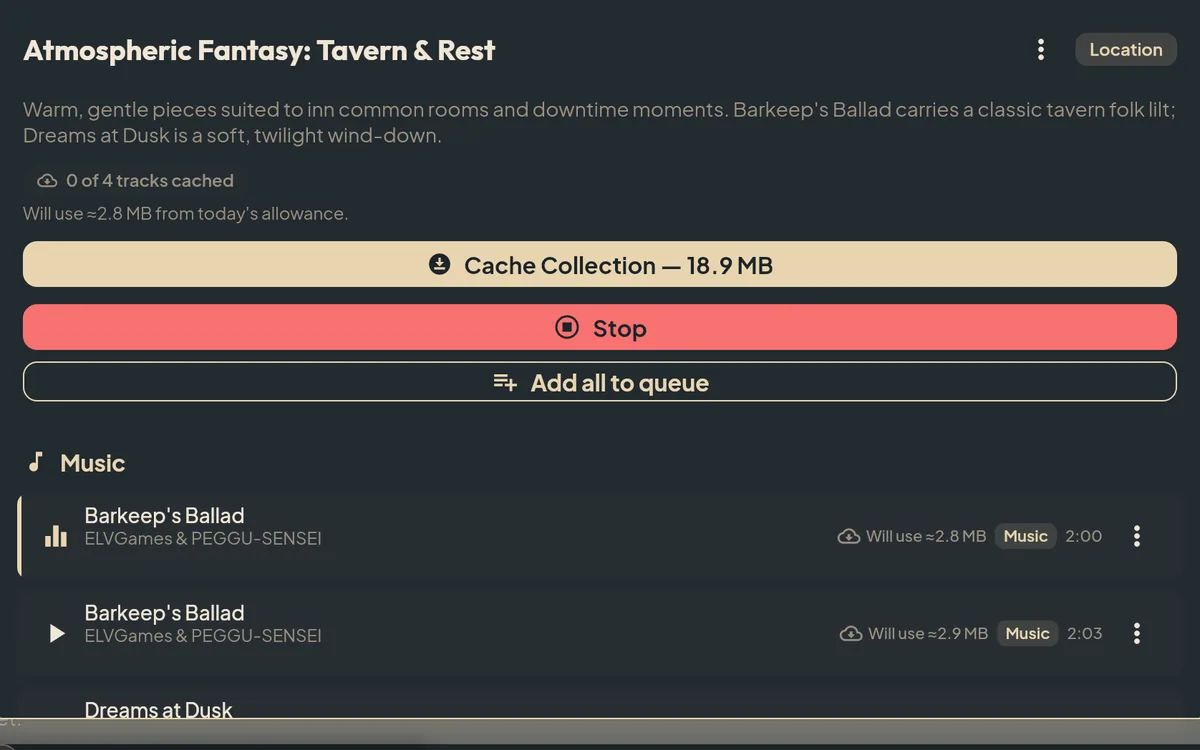 A tavern music set playing for the whole party from the music library.