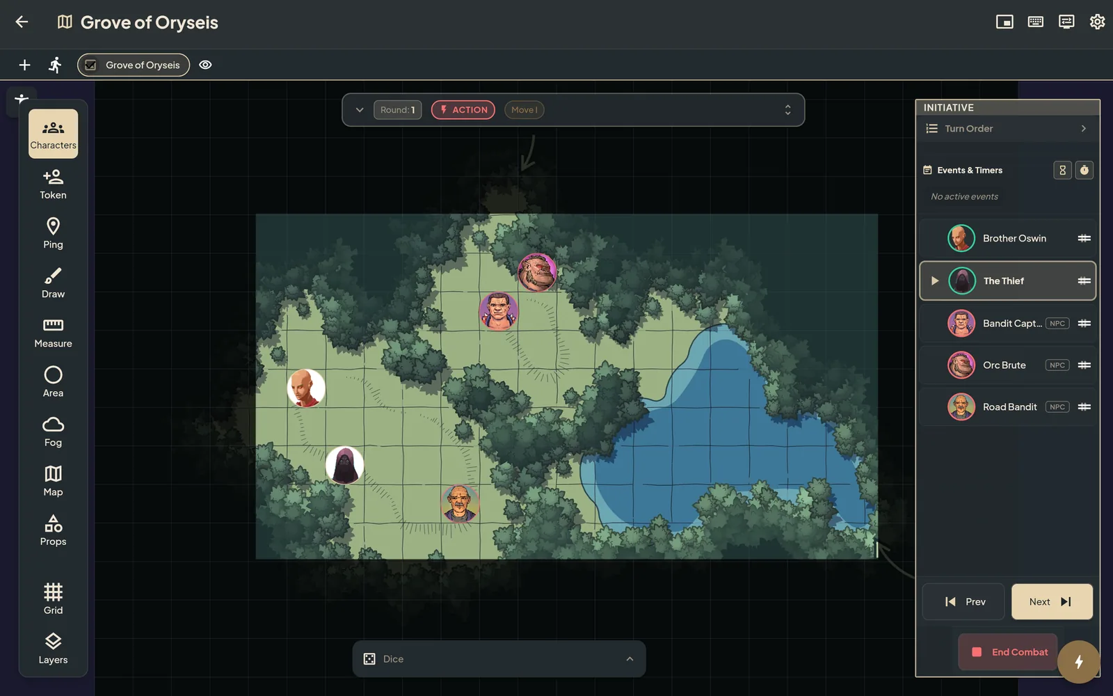 A virtual tabletop battle map with player tokens, revealed and hidden areas of fog, and a turn order list.