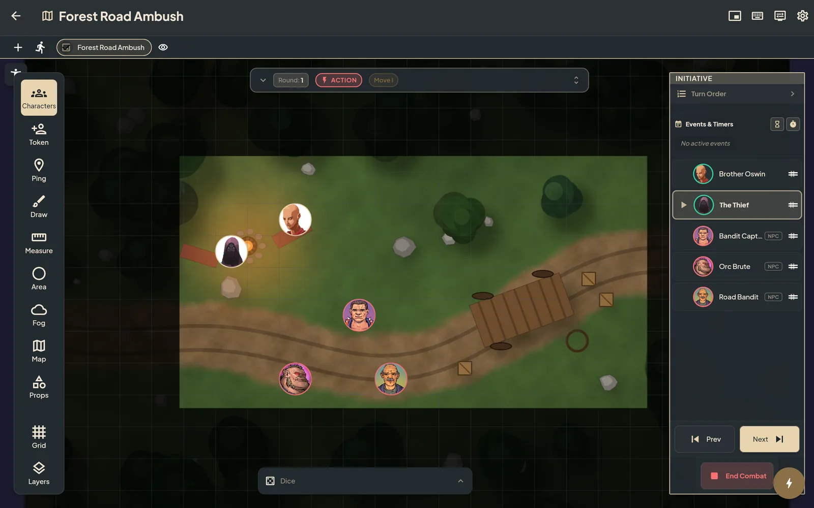 A virtual tabletop battle map with player tokens, revealed and hidden areas of fog, and a turn order list.
